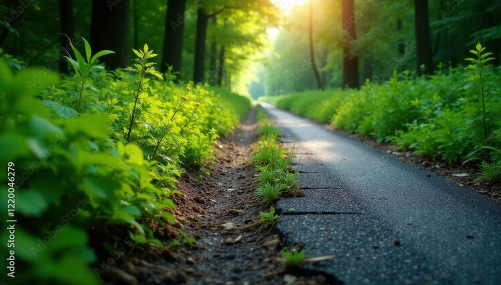 Overgrown vegetation in a cracked asphalt road, vegetation, dirt, cracked Overgrown vegetation in a cracked asphalt road, vegetation, dirt, cracked