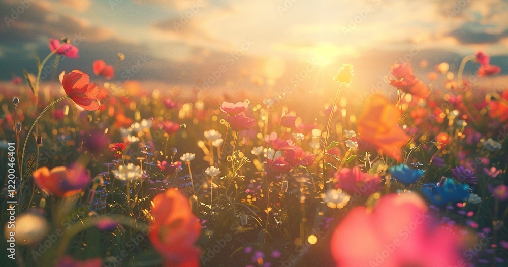 Obraz premium Vibrant wildflowers bathed in the warm glow of the setting sun. A breathtaking display of nature's beauty.