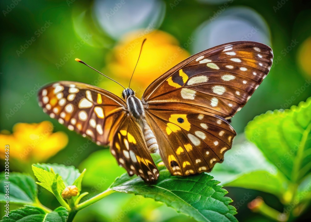 Brown Butterfly, Yellow White Polka Dots, Green Leaves, Nature Photography, Insect Macro, Wildlife, Butterfly Closeup, Beautiful Nature Scene, Spring, Summer Brown Butterfly, Yellow White Polka Dots, Green Leaves, Nature Photography, Insect Macro, Wildlife, Butterfly Closeup, Beautiful Nature Scene, Spring, Summer