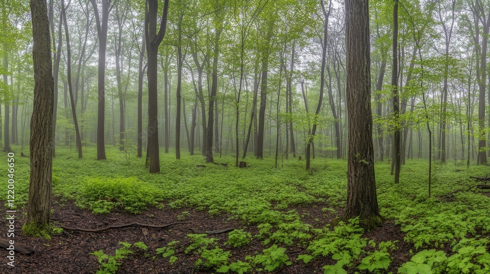 Obraz premium Fog Rising in Serene Forest with Soft Diffused Light