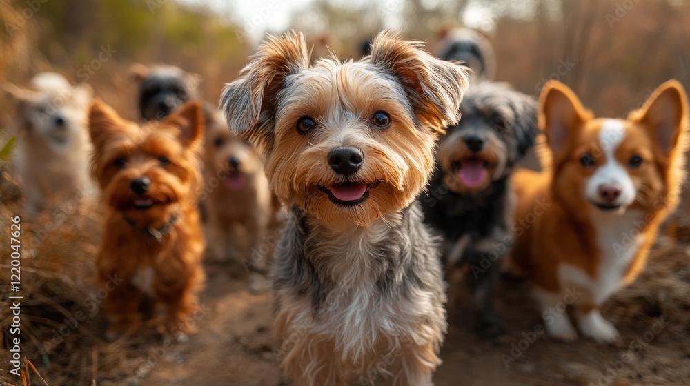 Happy Yorkie leads dog pack on autumn trail Happy Yorkie leads dog pack on autumn trail