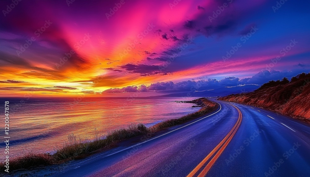 stunning sunset over a coastal highway, showcasing a colorful sky and shimmering sea, with a beautiful road that hugs the shoreline stunning sunset over a coastal highway, showcasing a colorful sky and shimmering sea, with a beautiful road that hugs the shoreline