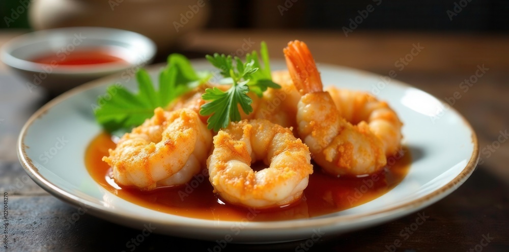 Pan-seared shrimp tempura on a plate with sauce, tempura, savory Pan-seared shrimp tempura on a plate with sauce, tempura, savory