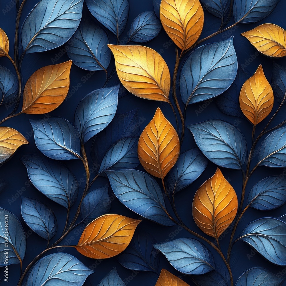 Seamless Floral Pattern Design Art Deco Style Intricate Leaf Motifs Navy Background Seamless Floral Pattern Design Art Deco Style Intricate Leaf Motifs Navy Background