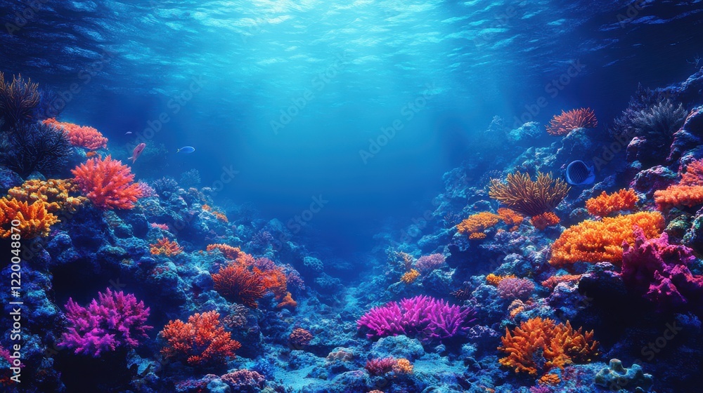 Naklejka premium Coral Reef Symphony in Watercolor - Vibrant Underwater Ecosystem with Bold Outlines