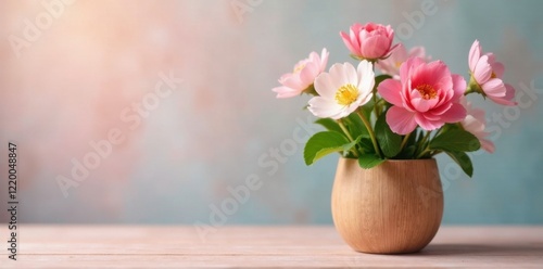 Wallpaper Mural Pastel colors mixed with fresh cut flowers in a wooden cup vase, fresh cut flowers, spring flowers Torontodigital.ca