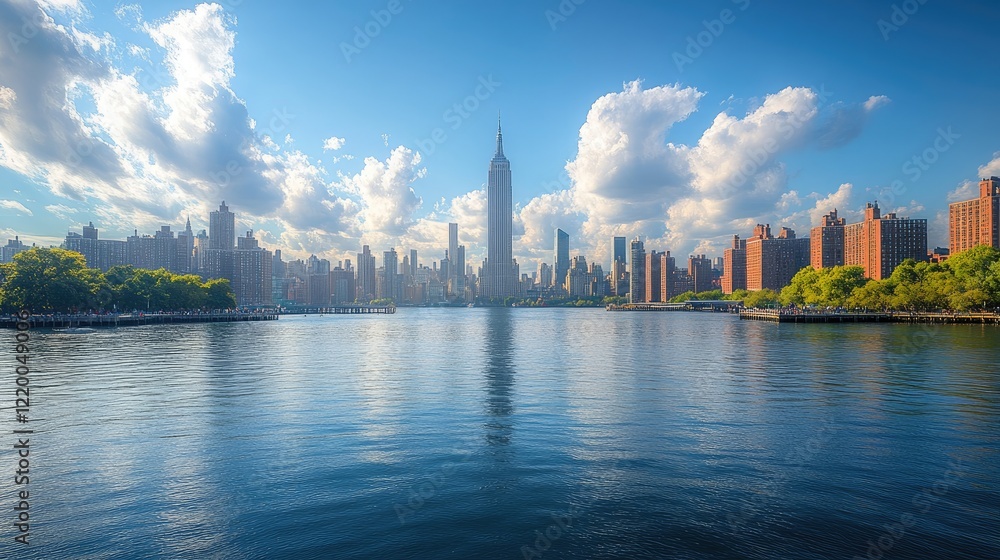 Fototapeta premium Sunny Midtown Manhattan Skyline River Reflection