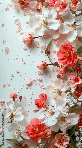 flowers and petals are arranged on a white surface with a blue background photo