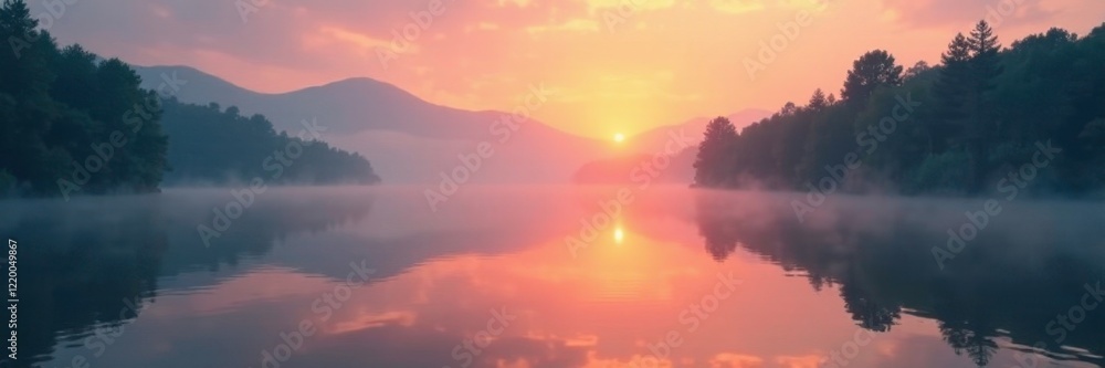 Fototapeta premium Peaceful lake at sunrise with misty atmosphere, calm, serene lakeside