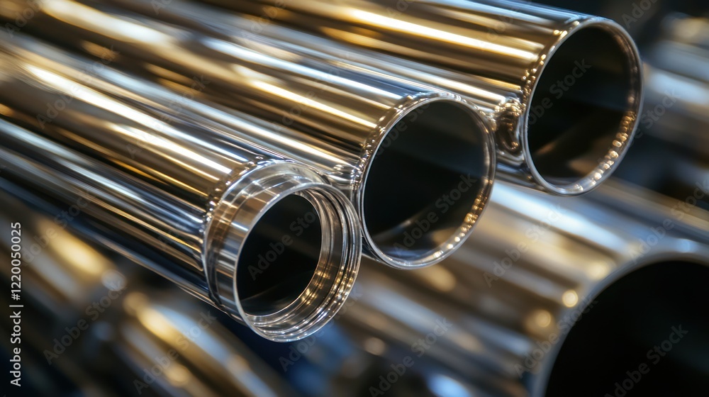 Naklejka premium Close-up of shiny metal pipes showcasing their cylindrical structure and reflective surfaces.