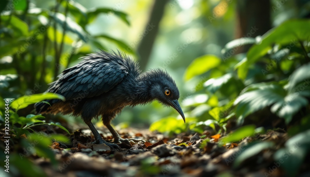 Obraz premium Close-up of a small black bird foraging in a lush forest.