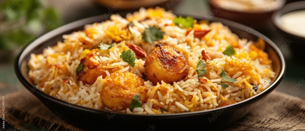 A delicious bowl of biryani, featuring rice, spices, and garnished with herbs. A delicious bowl of biryani, featuring rice, spices, and garnished with herbs.