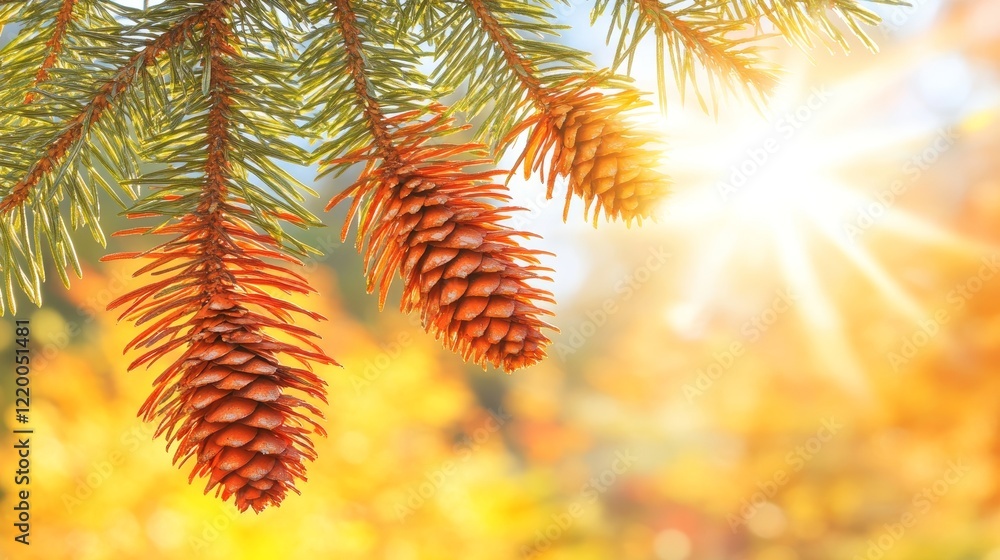 Autumn Sunlight Illuminates Pine Cones on Branches Autumn Sunlight Illuminates Pine Cones on Branches