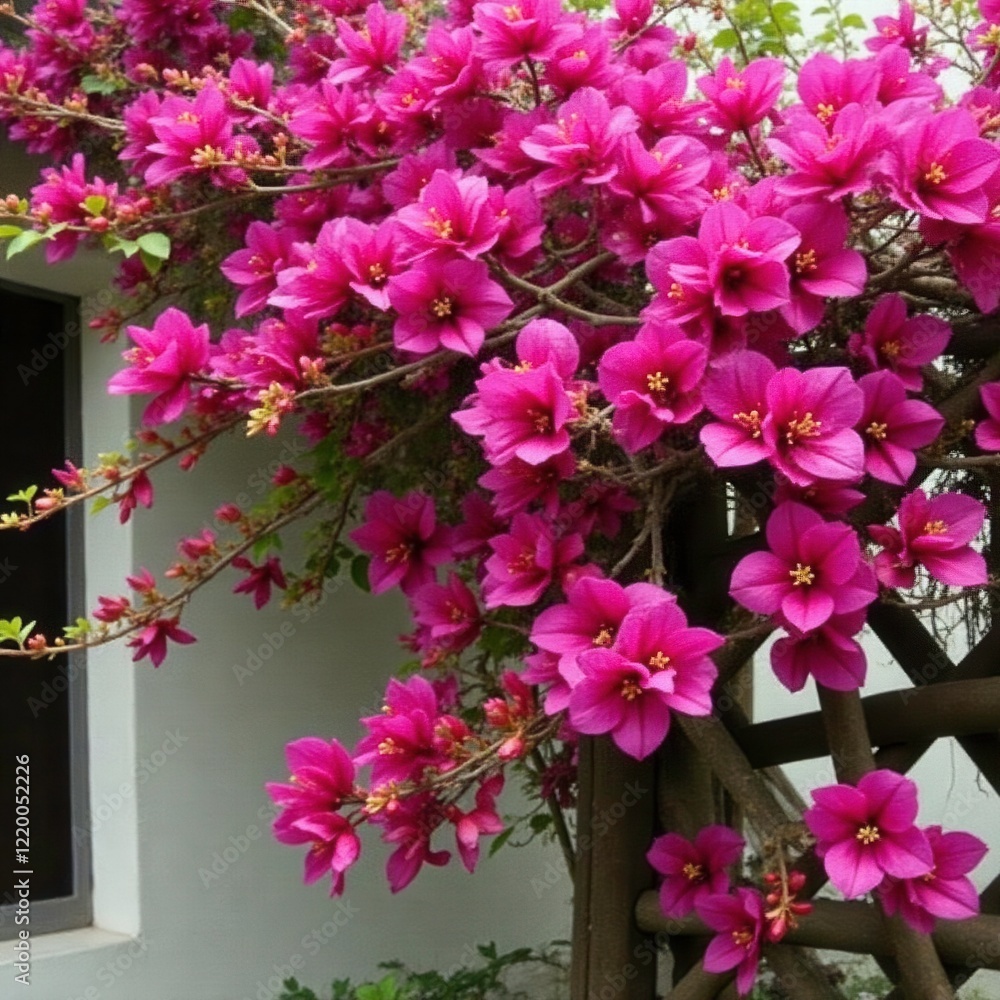 Pink and magenta bougainvillea blooms intertwined on a wooden trellis, furniture, pink, decorative Pink and magenta bougainvillea blooms intertwined on a wooden trellis, furniture, pink, decorative