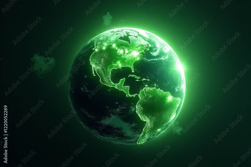 Fototapeta premium A glowing green representation of Earth, showcasing vibrant continents and swirling clouds against a dark backdrop.