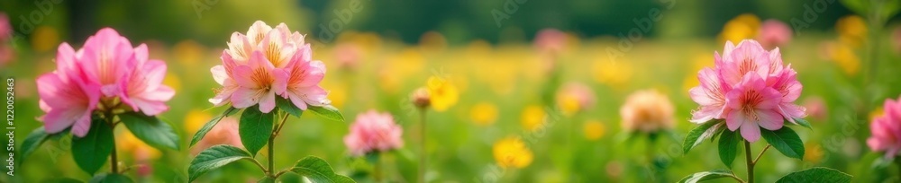 Pink and yellow rhododendrons bloom in a lush, green meadow, blooming, field Pink and yellow rhododendrons bloom in a lush, green meadow, blooming, field