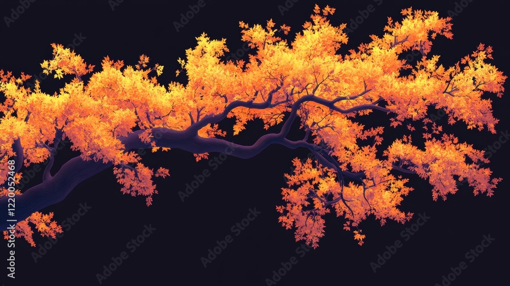 Autumnal Branch, Fiery Hues, Dark Background, Digital Art