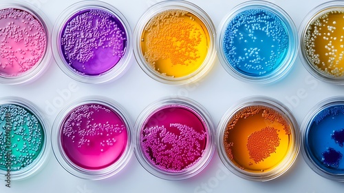 Colorful petri dishes displaying microbial cultures in laboratory setting photo