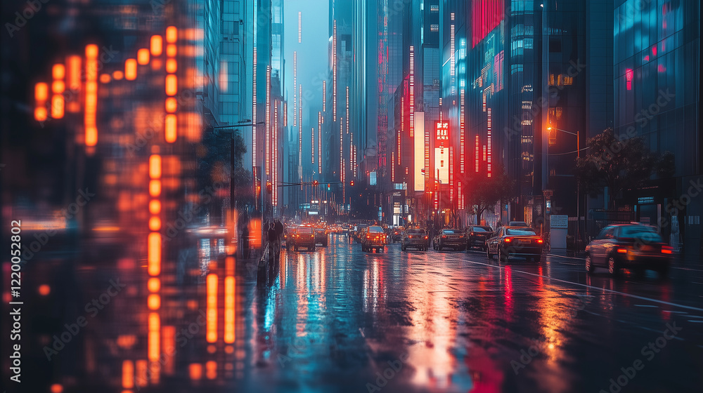 Fototapeta premium Vibrant City Nightscape with Glowing Lights and Rain