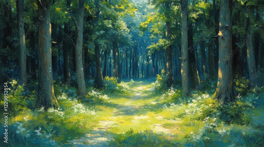 Obraz premium Enchanted Glow: Hyper-Realistic Serene Forest with Mystical Fog and Vivid Colors