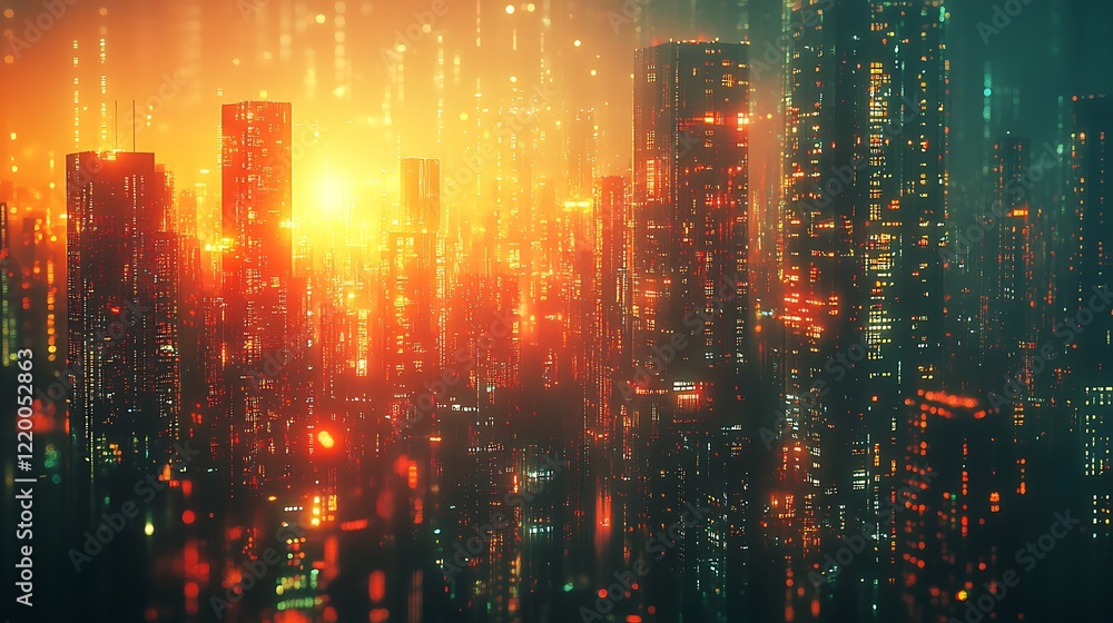 Obraz premium Sunset over neon cityscape urban landscape digital art futuristic view
