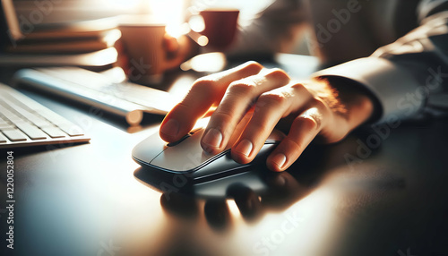 Business background A close-up of a hand grasping a computer mouse on a polished desk surface, with a keyboard in the ba1 photo