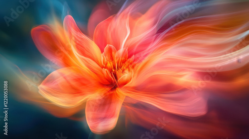 vibrant, blurred flower with red and orange hues, creating sense of motion and energy. soft petals blend beautifully, evoking feeling of warmth and tranquility