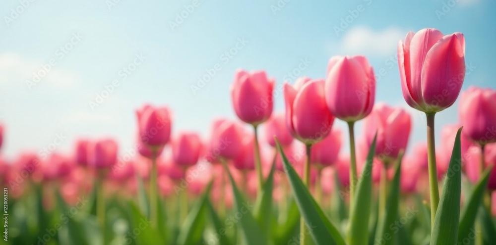 Pink Dutch tulips swaying gently in the breeze, pink, stems, flowers Pink Dutch tulips swaying gently in the breeze, pink, stems, flowers