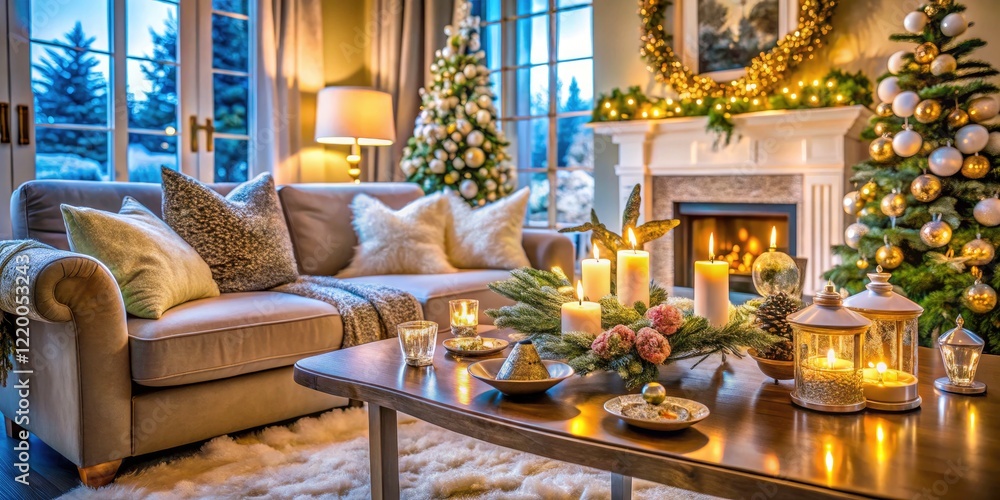 Elegant Winter Decor in a Modern Home Setting - Low Light Photography of Holiday Still Life Aesthetics for Serene Atmosphere and Close-Up Perspective Elegant Winter Decor in a Modern Home Setting - Low Light Photography of Holiday Still Life Aesthetics for Serene Atmosphere and Close-Up Perspective