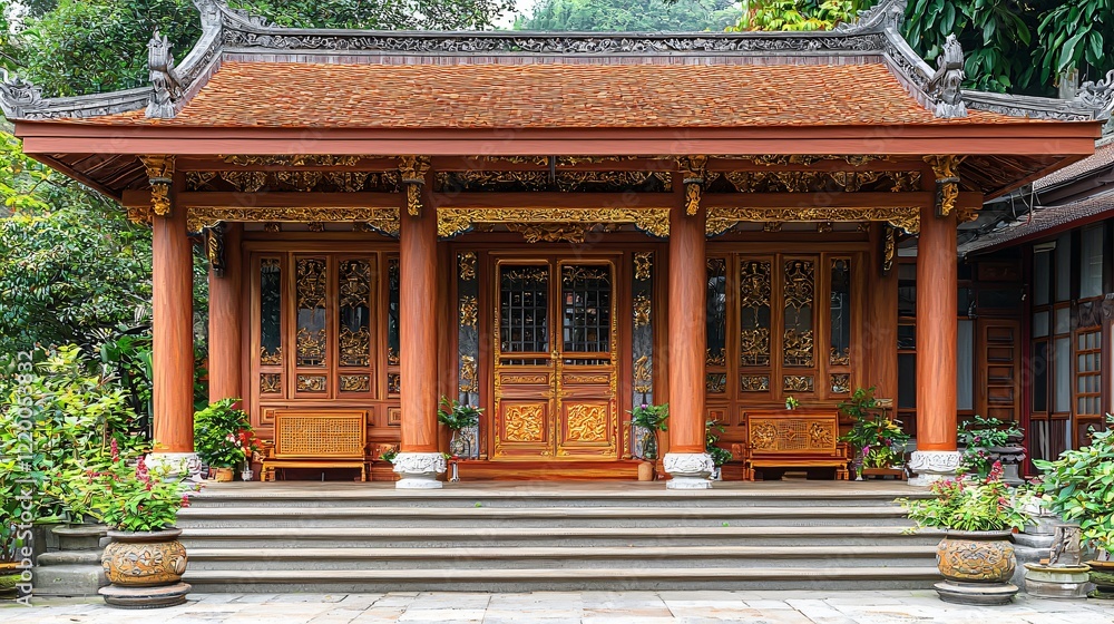 Wooden pagoda with step entrance and a garden background for cultural use Wooden pagoda with step entrance and a garden background for cultural use