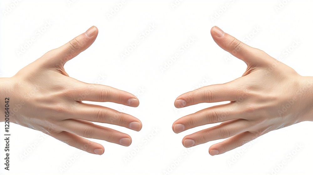 Two hands facing each other, ready for a handshake, over plain white background Two hands facing each other, ready for a handshake, over plain white background