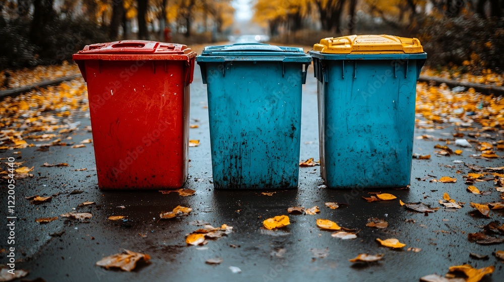 Three recycling bins on a street with autumn leaves; for environmental awareness Three recycling bins on a street with autumn leaves; for environmental awareness