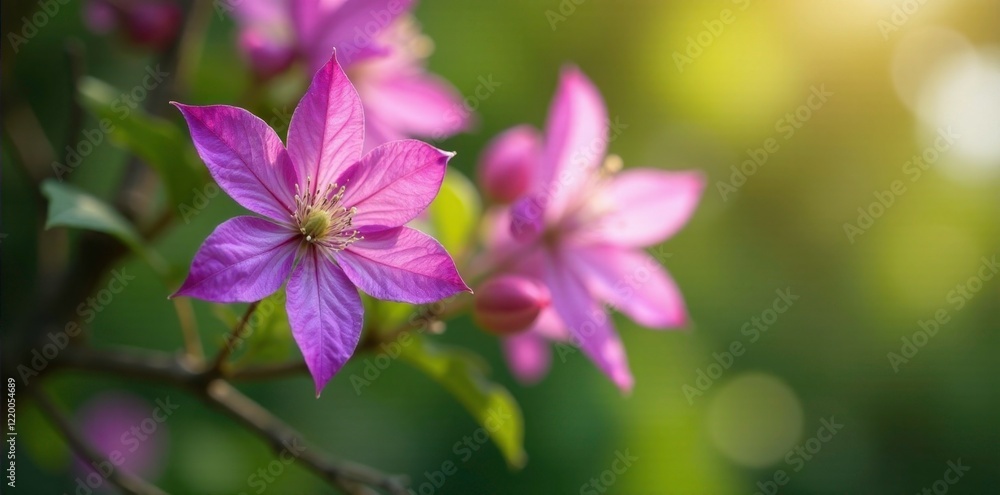 Pinkish-purple clematis flowers in full bloom on a tree, branches, greenery