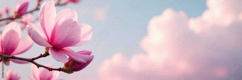 Pink magnolia flower against a backdrop of soft white clouds, pink, airy, blossom Pink magnolia flower against a backdrop of soft white clouds, pink, airy, blossom