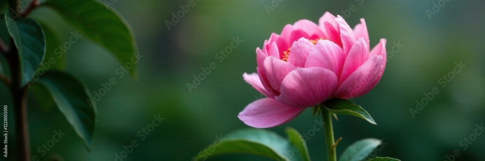 Pink peony stem with dew-kissed leaves and water droplets, nature, water droplets, botanical photography Pink peony stem with dew-kissed leaves and water droplets, nature, water droplets, botanical photography