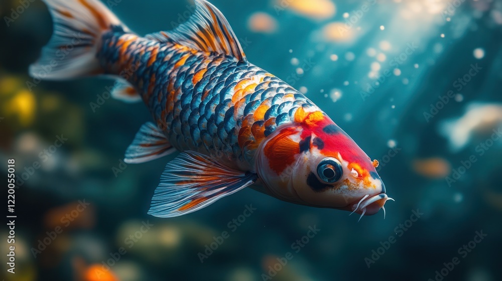 Fototapeta premium Koi fish swimming pond, bubbles, underwater, aquatic, serenity