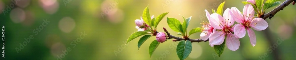 Plum blossom tree with green leaves and branches, greenery, trees, flowers Plum blossom tree with green leaves and branches, greenery, trees, flowers