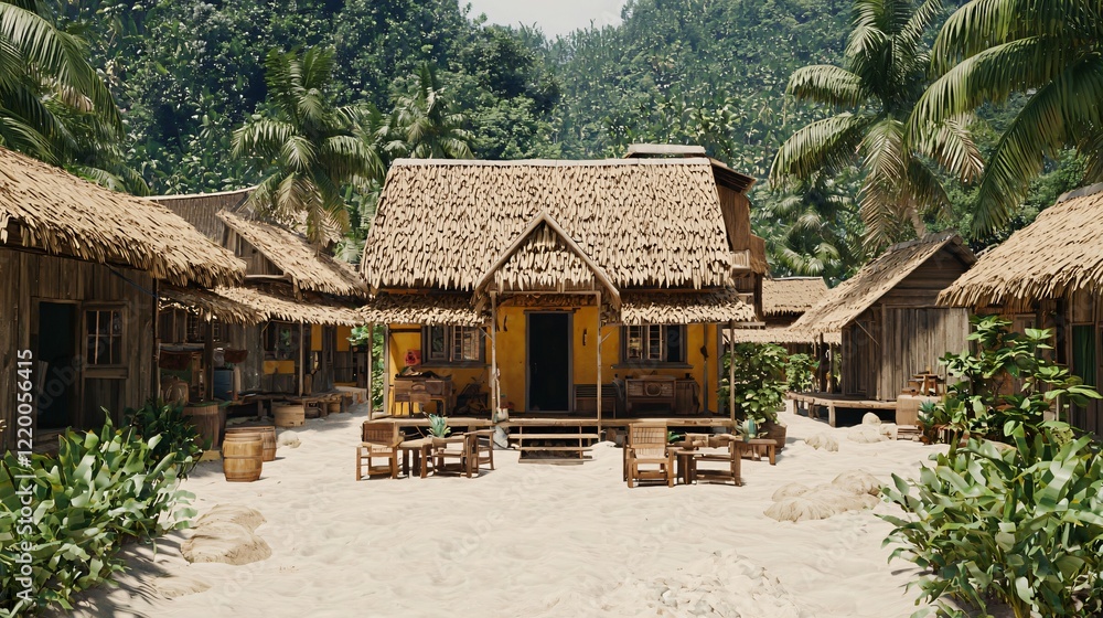 Houses with straw roofs in tropical jungle, sand and foliage, vacation or holiday Houses with straw roofs in tropical jungle, sand and foliage, vacation or holiday