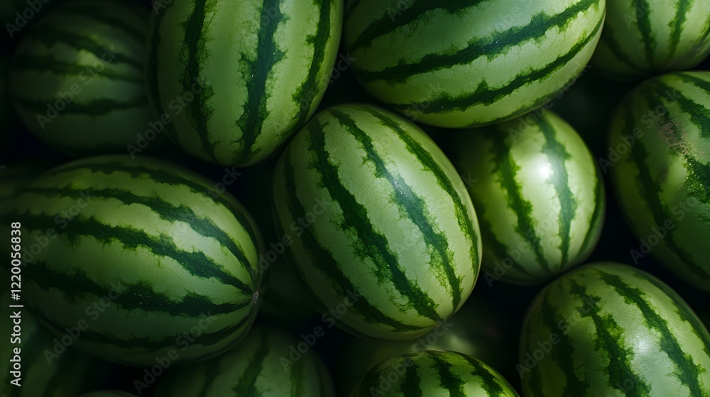 A pile of green and black striped watermelons with white stripes, Generative AI