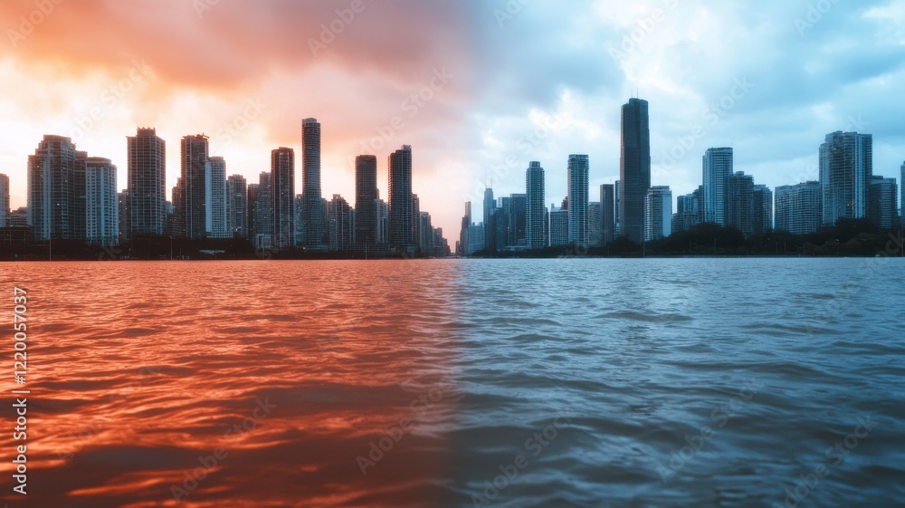 Fototapeta premium Sunset and sunrise reflection over city skyline urban environment photography dramatic contrast aerial view nature