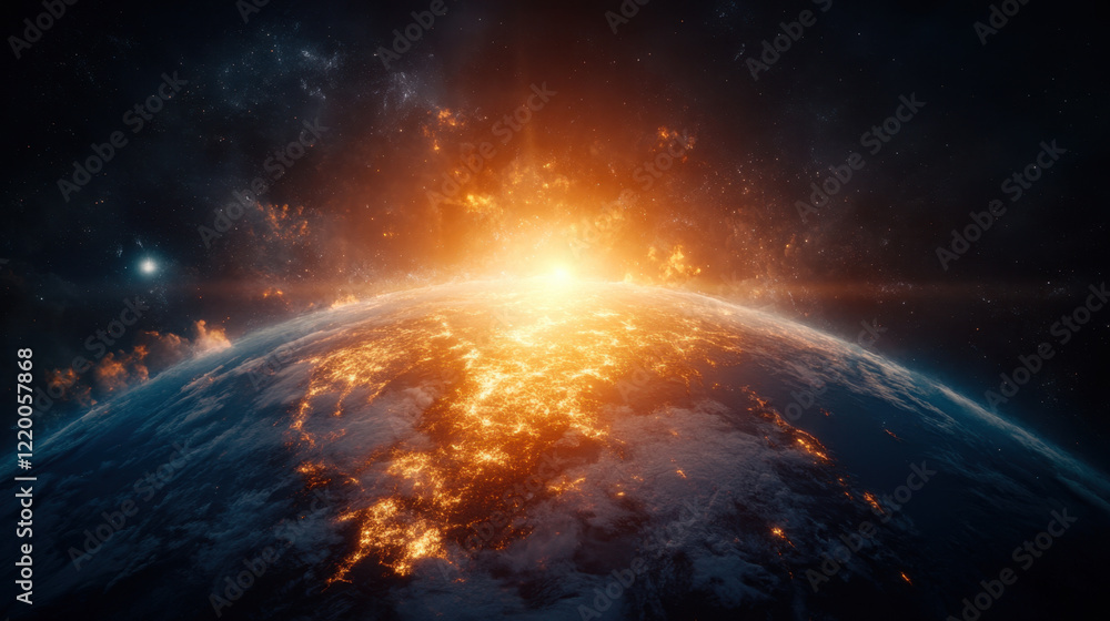 Obraz premium breathtaking view of massive explosion on Earth, showcasing fiery eruptions and glowing landscapes against cosmic backdrop. scene evokes sense of awe and wonder