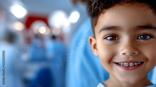 Happy boy smiles at dentist
