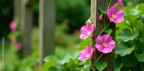 Delicate morning glory vine wrapped around a trellis post, garden, garden decoration, foliage
