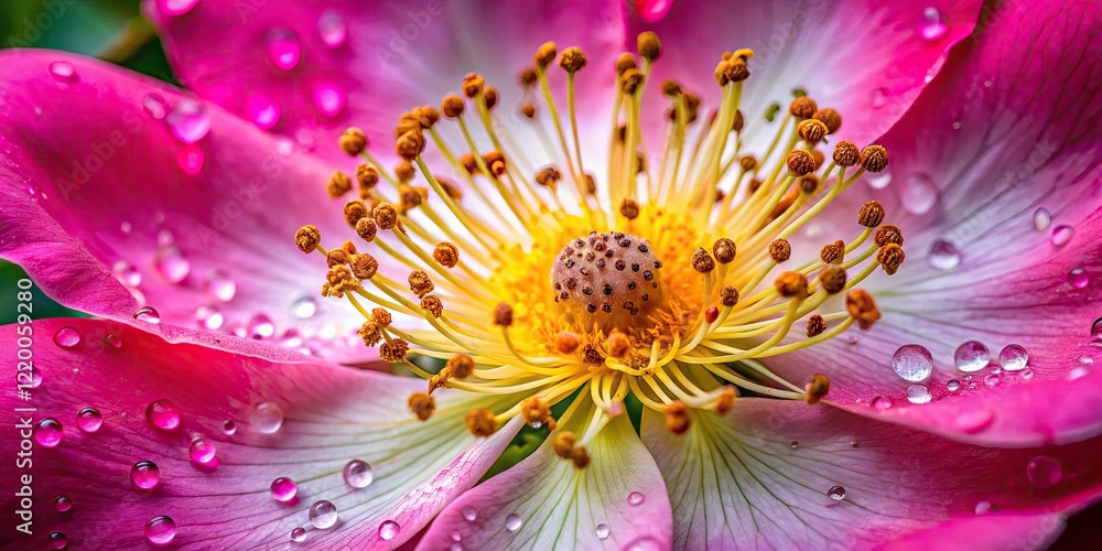 Obraz premium Macro Photography: Rosa Canina Flower, Wild Rose, Close Up, Detailed Petals, Botanical, Nature, Bloom, Pink Flower, Stunning Detail, Vibrant Colors, High Resolution Image, Floral Photography