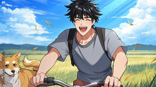 Man riding bicycle with cat on the back while an animated boy enjoys a sunny day outdoors in a vibrant park setting photo