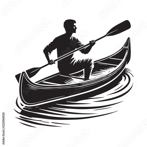 Man in canoe boat black vector on white background