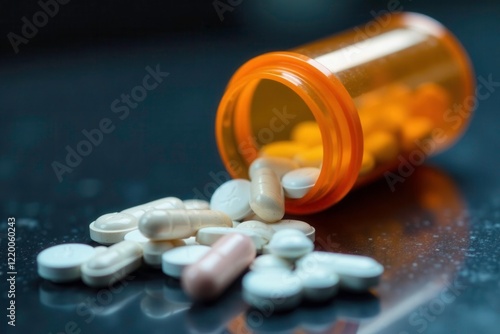 Prescription bottle with opioids pills and pill box, shiny, cash register