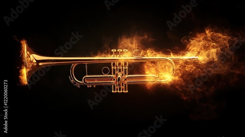 A fiery trumpet emits flames, symbolizing passion and energy in music. photo