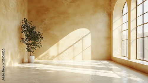 Empty creamy beige studio with diagonal window light and shadows, a minimal space for product mockups.