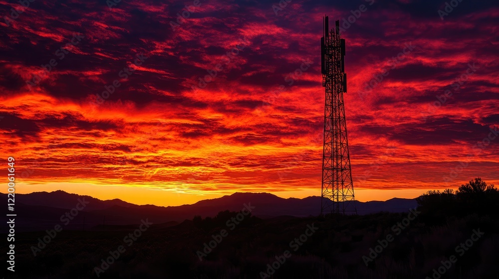 Fototapeta premium A large communications tower silhouetted against a glowing sunset, with a rugged mountain range in the distance. The sky is painted with deep reds and oranges, casting a warm glow over the scene.
